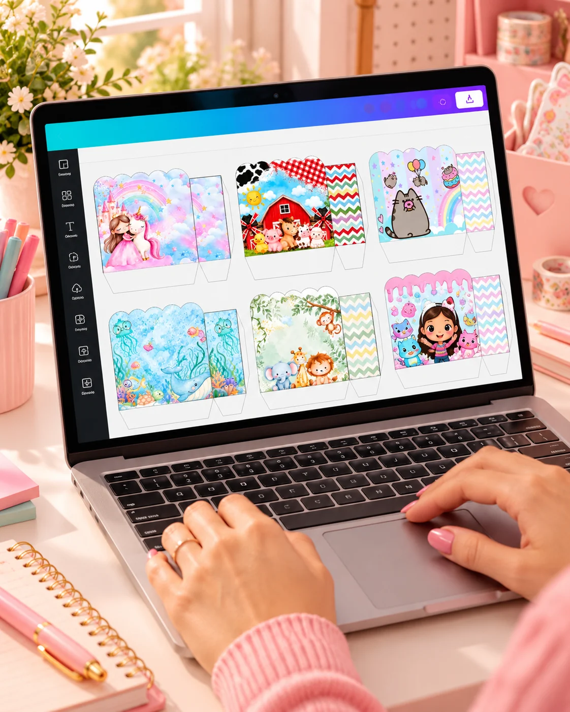 Passo 1: artesã escolhendo estampas de Sacolas Nuvem no notebook, com as artes disponíveis na tela