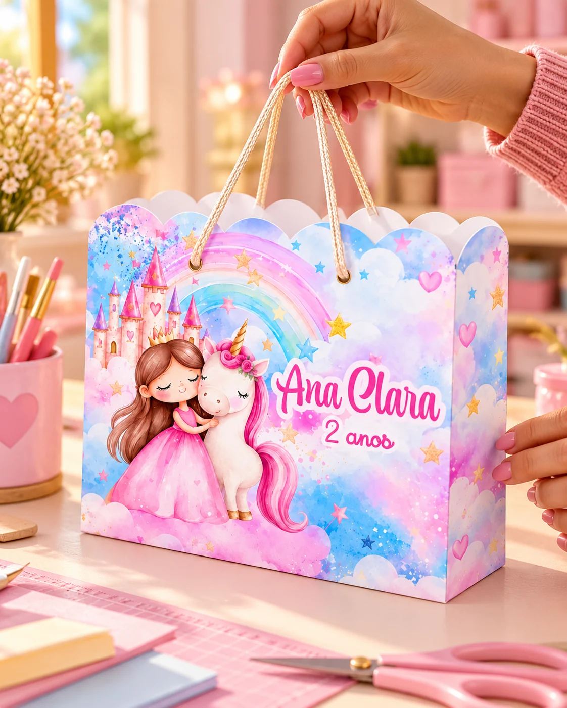 Passo 3: artesã segurando a Sacola Nuvem personalizada, montada e pronta para entrega