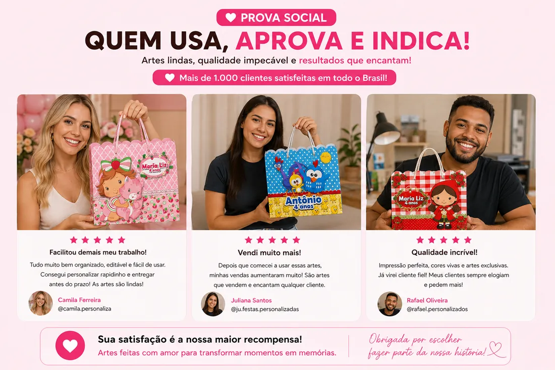 Prova social: clientes reais aprovando o Pack Sacolas Nuvem